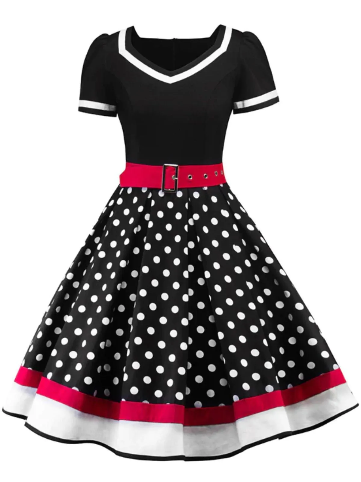 1950s Polka Dot Belted Patchwork Dress With Accessories Set