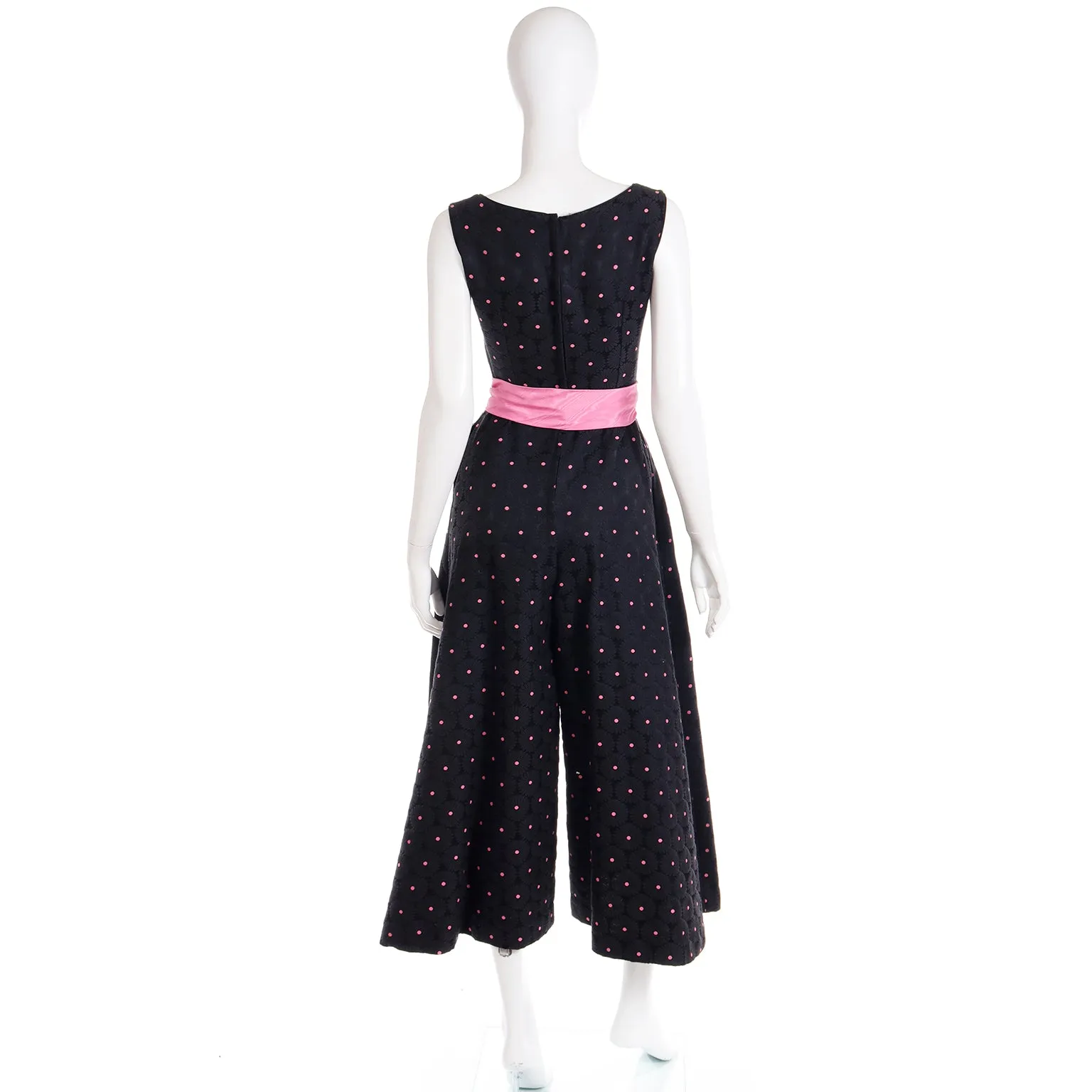 1960s Vintage Black Tonal Floral & Pink Dot Jumpsuit W Pink Satin Sash