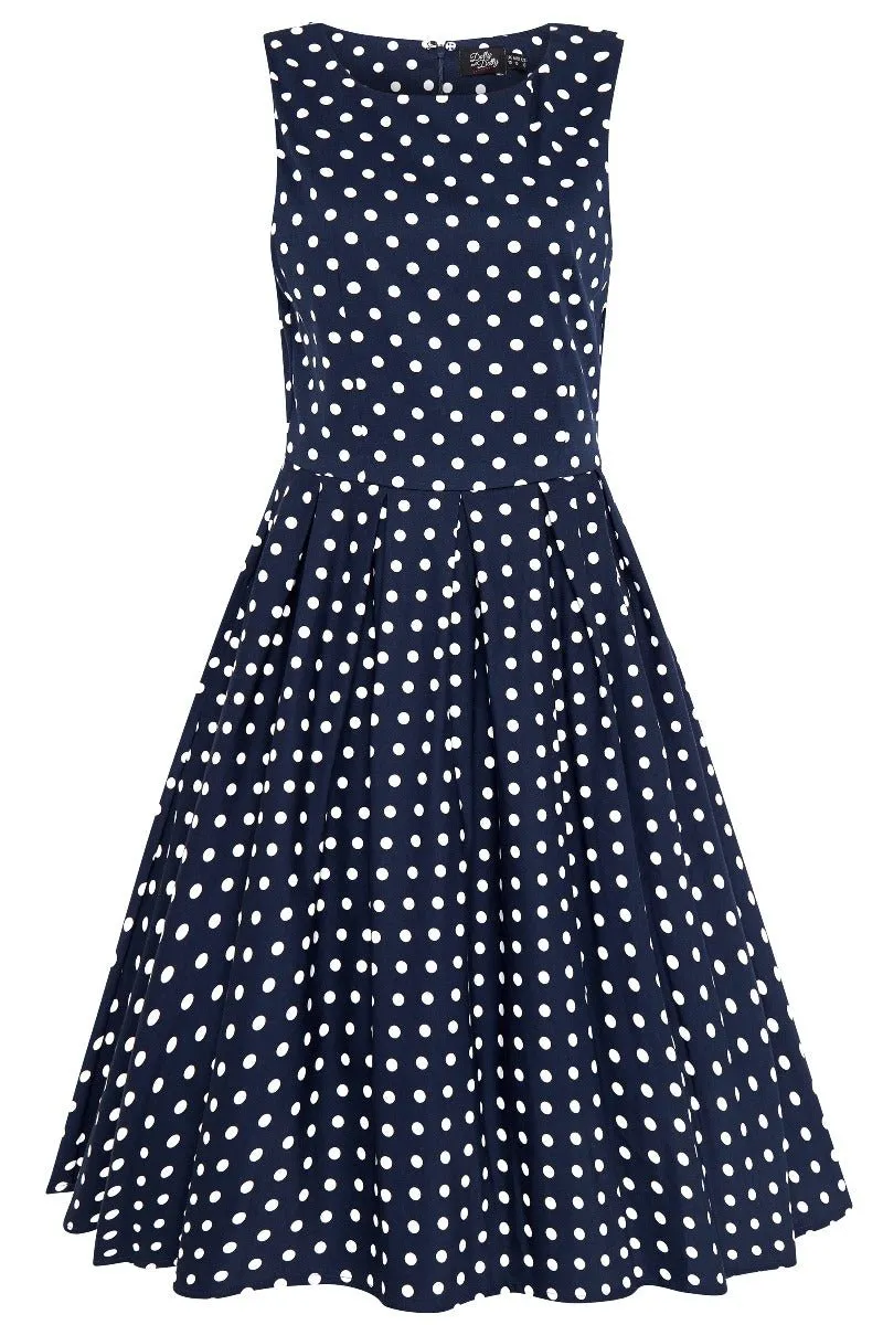 Annie Retro Polka Dot Dress in Navy Blue