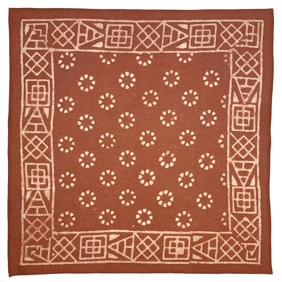 Block Printed Bandana - Brown Circles and Geometric Border