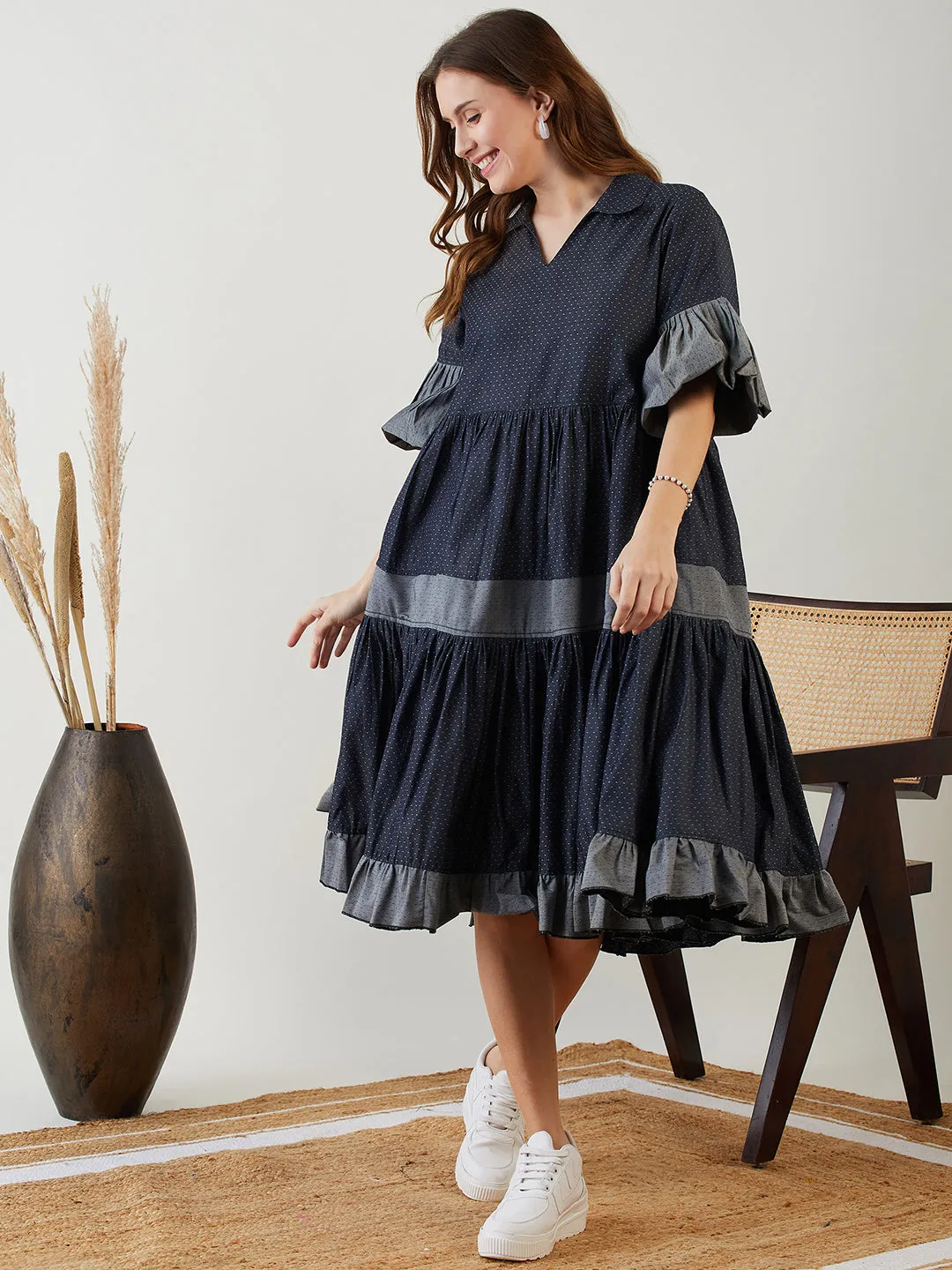 Blue Polka Dot Layered Chic Denim Dress