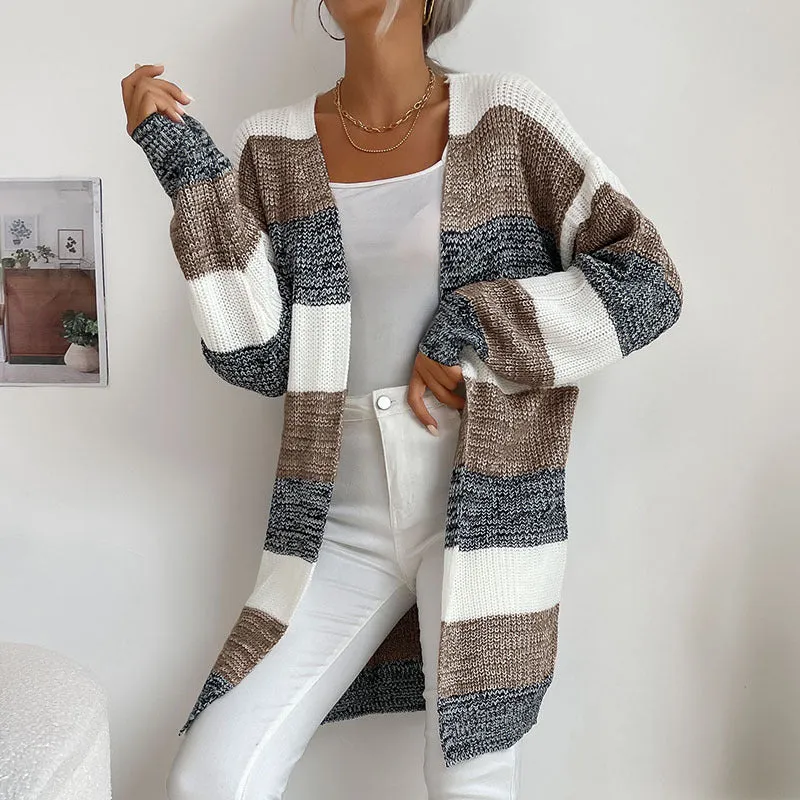 Buttonless Color-Block Knit Women's Wholesale Sweaters and Cardigans