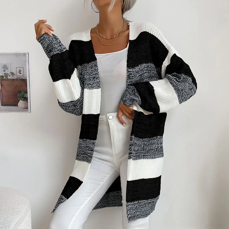 Buttonless Color-Block Knit Women's Wholesale Sweaters and Cardigans