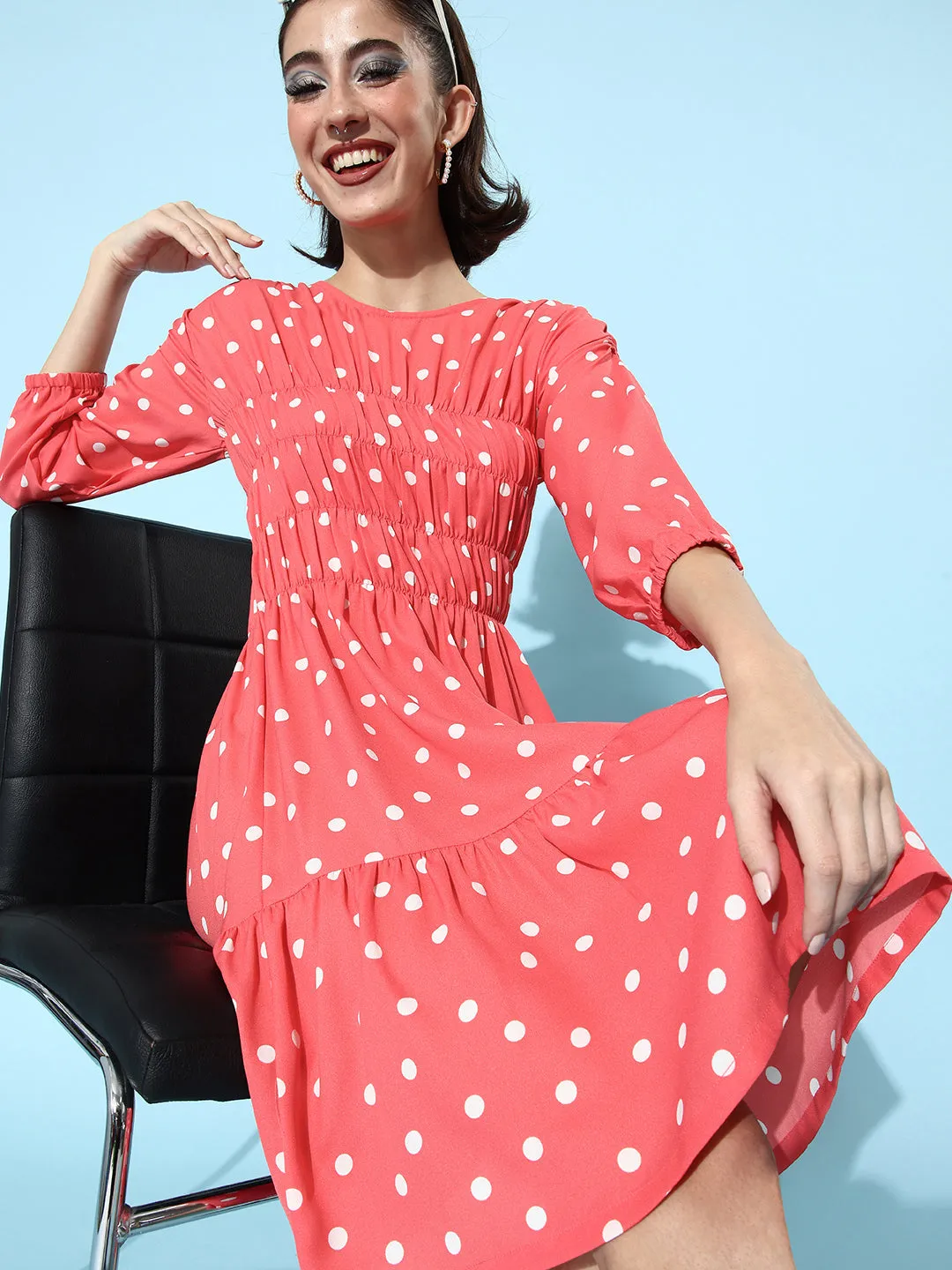 Coral Polyester Moss Ruched Polka Dress