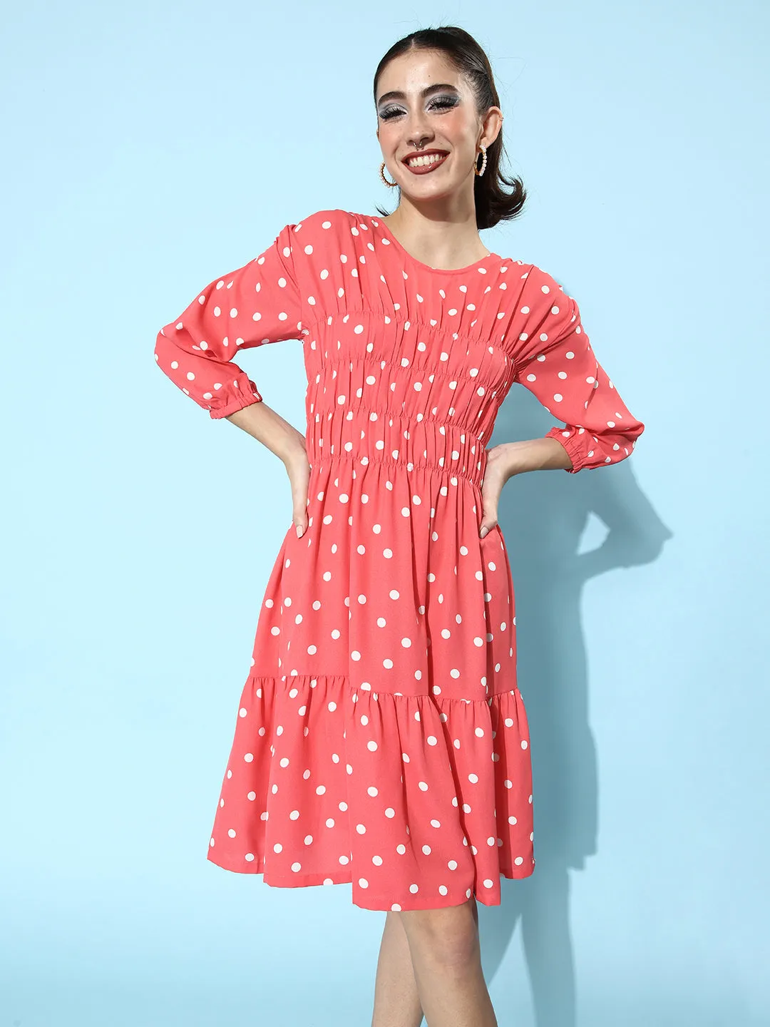 Coral Polyester Moss Ruched Polka Dress