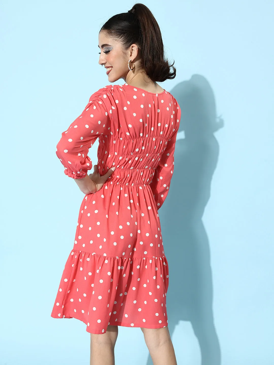 Coral Polyester Moss Ruched Polka Dress