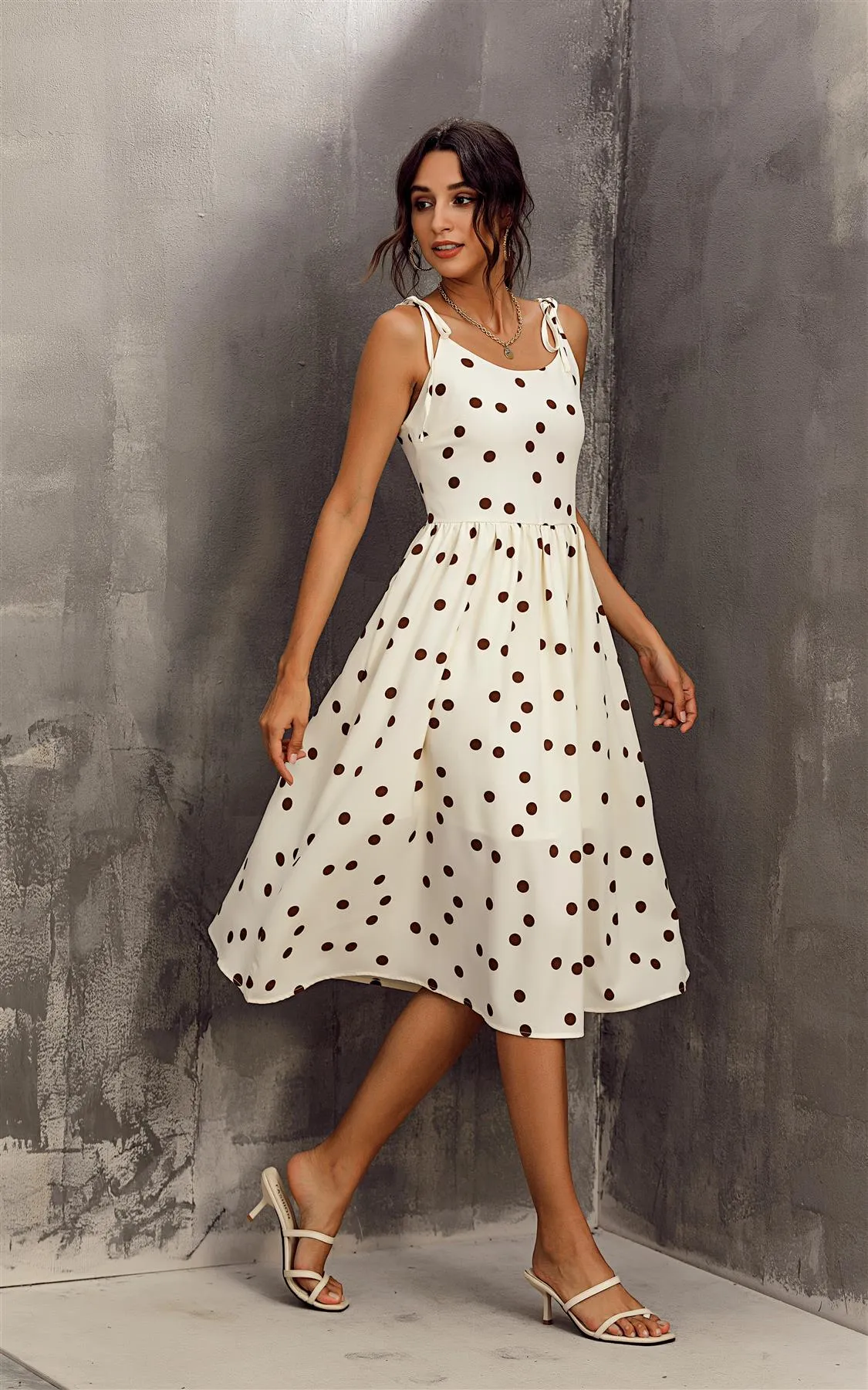 Cream & Chocolate Polka Dot Print Strappy Bardot Midi Dress