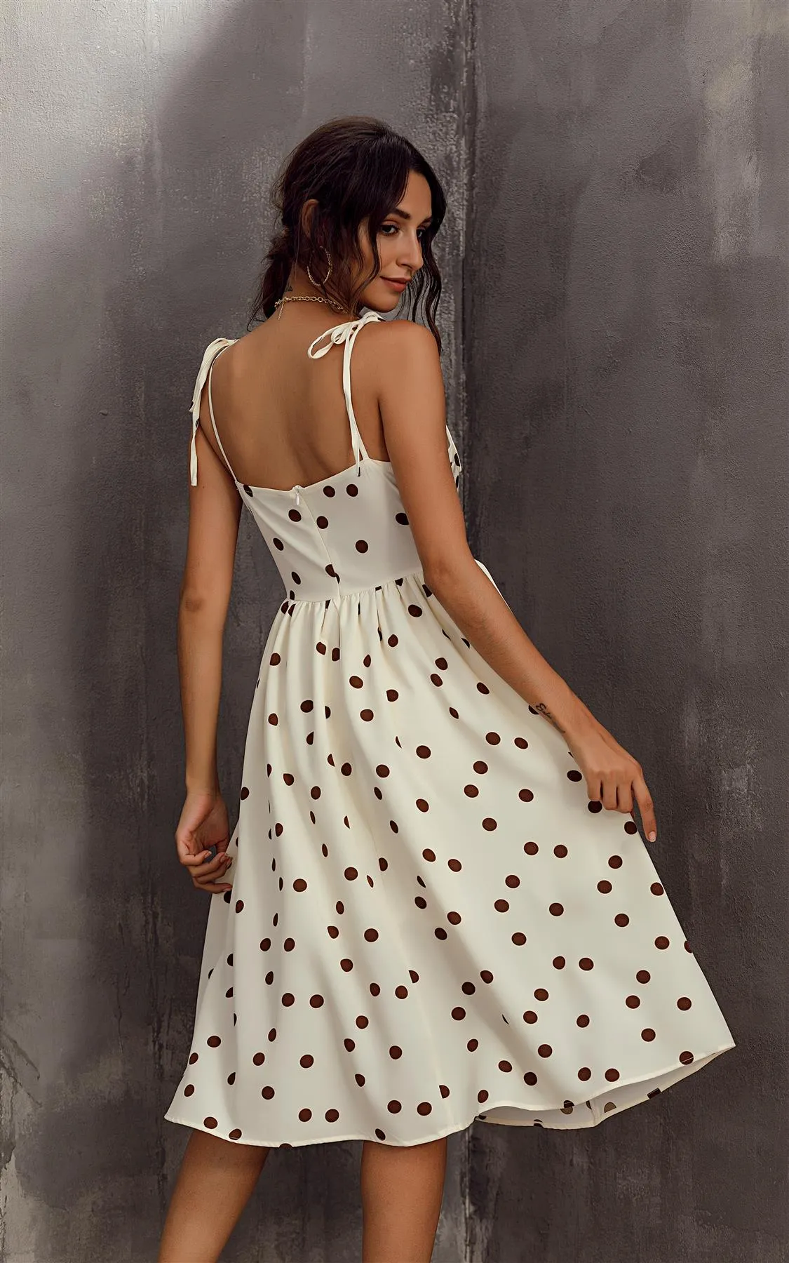 Cream & Chocolate Polka Dot Print Strappy Bardot Midi Dress