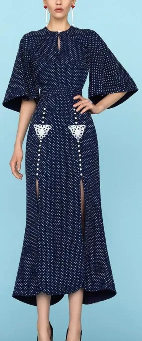 Embroidered Polka Dot Flared-Sleeve Split-Hem Long Dress