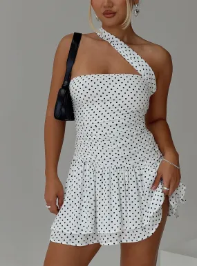 Escapades One Shoulder Mini Dress White / Black Polka