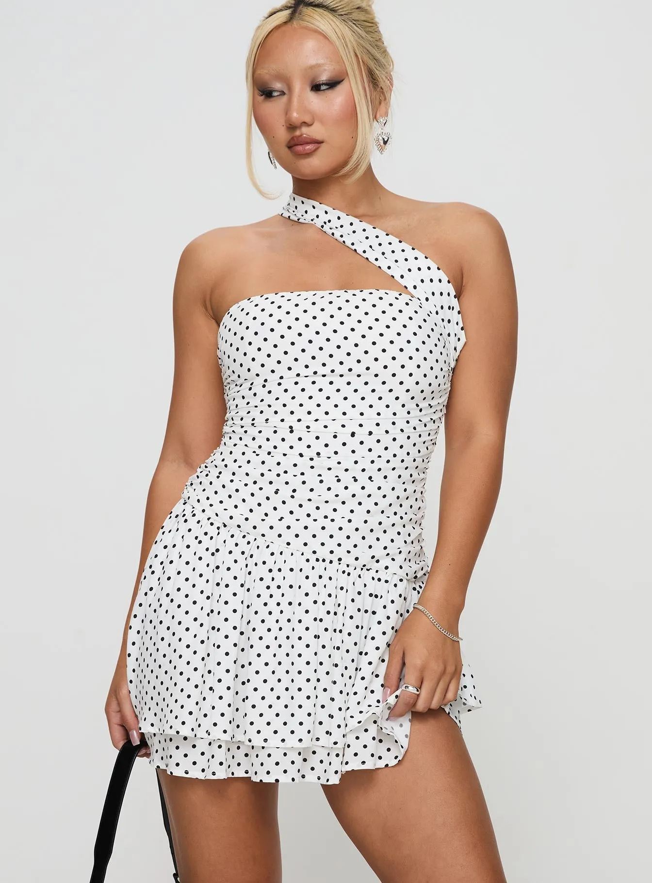 Escapades One Shoulder Mini Dress White / Black Polka