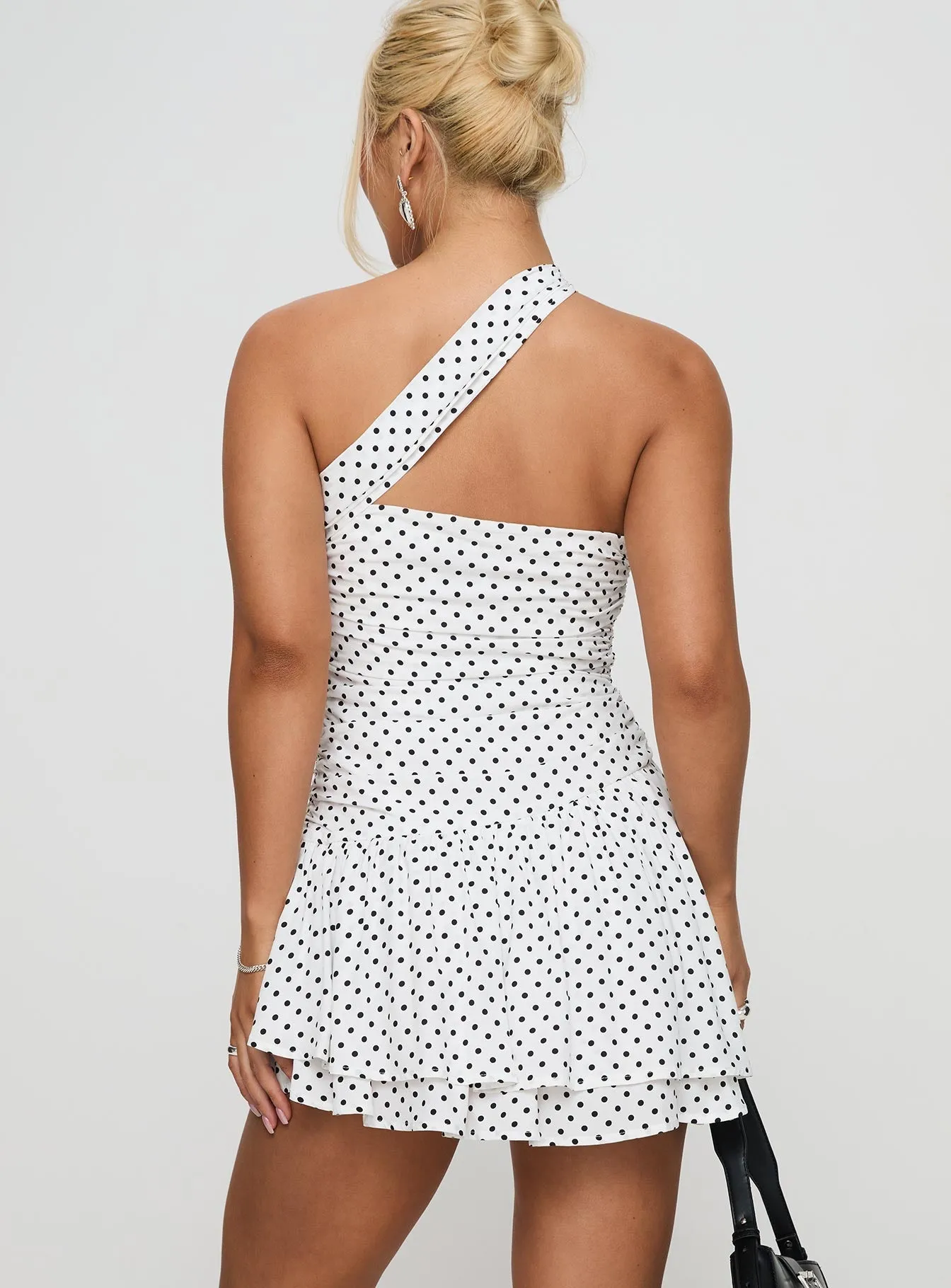 Escapades One Shoulder Mini Dress White / Black Polka