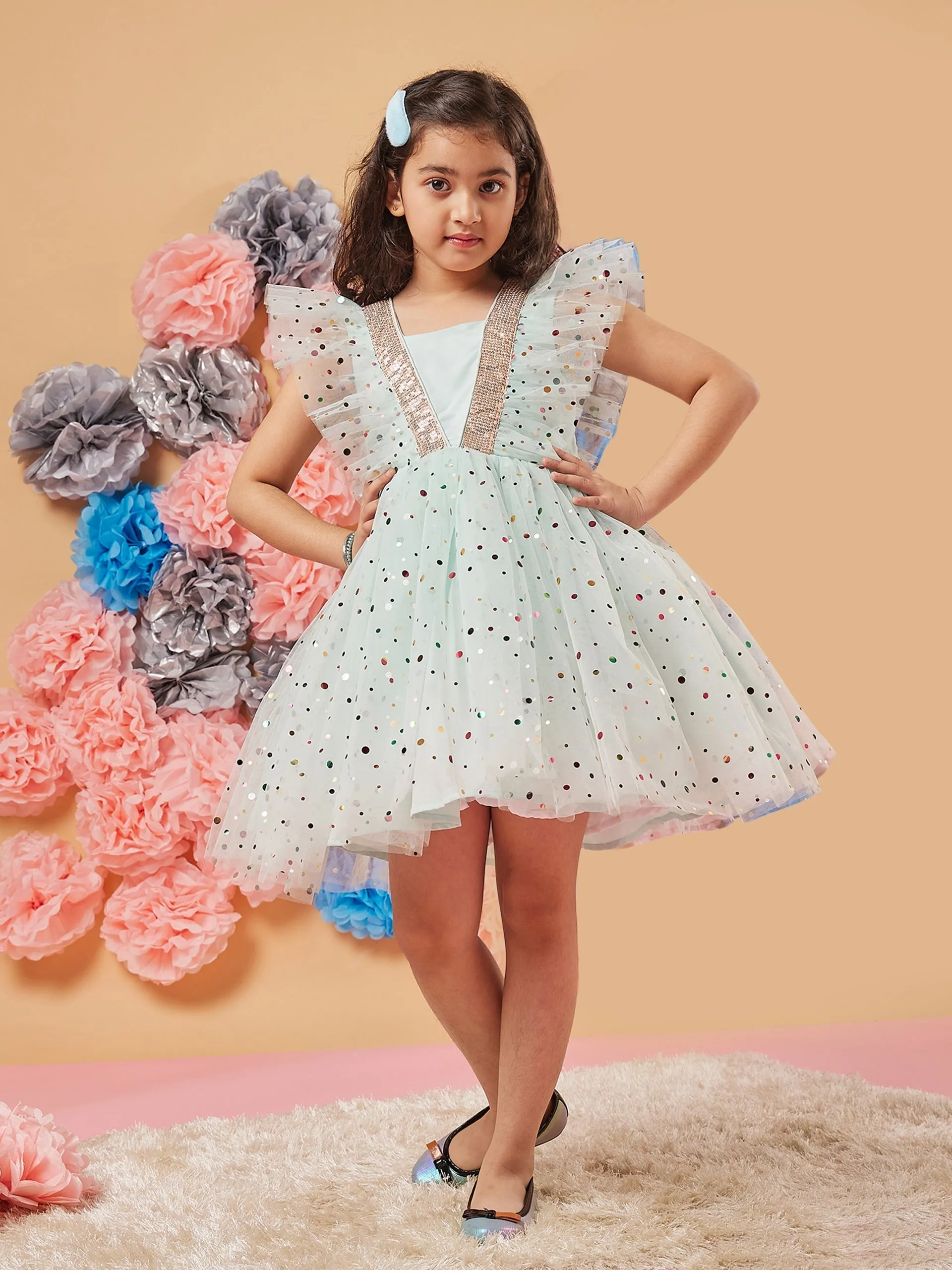 Girls Polka Dot Printed Gathered Net Fit Flare Dress - PS Peaches