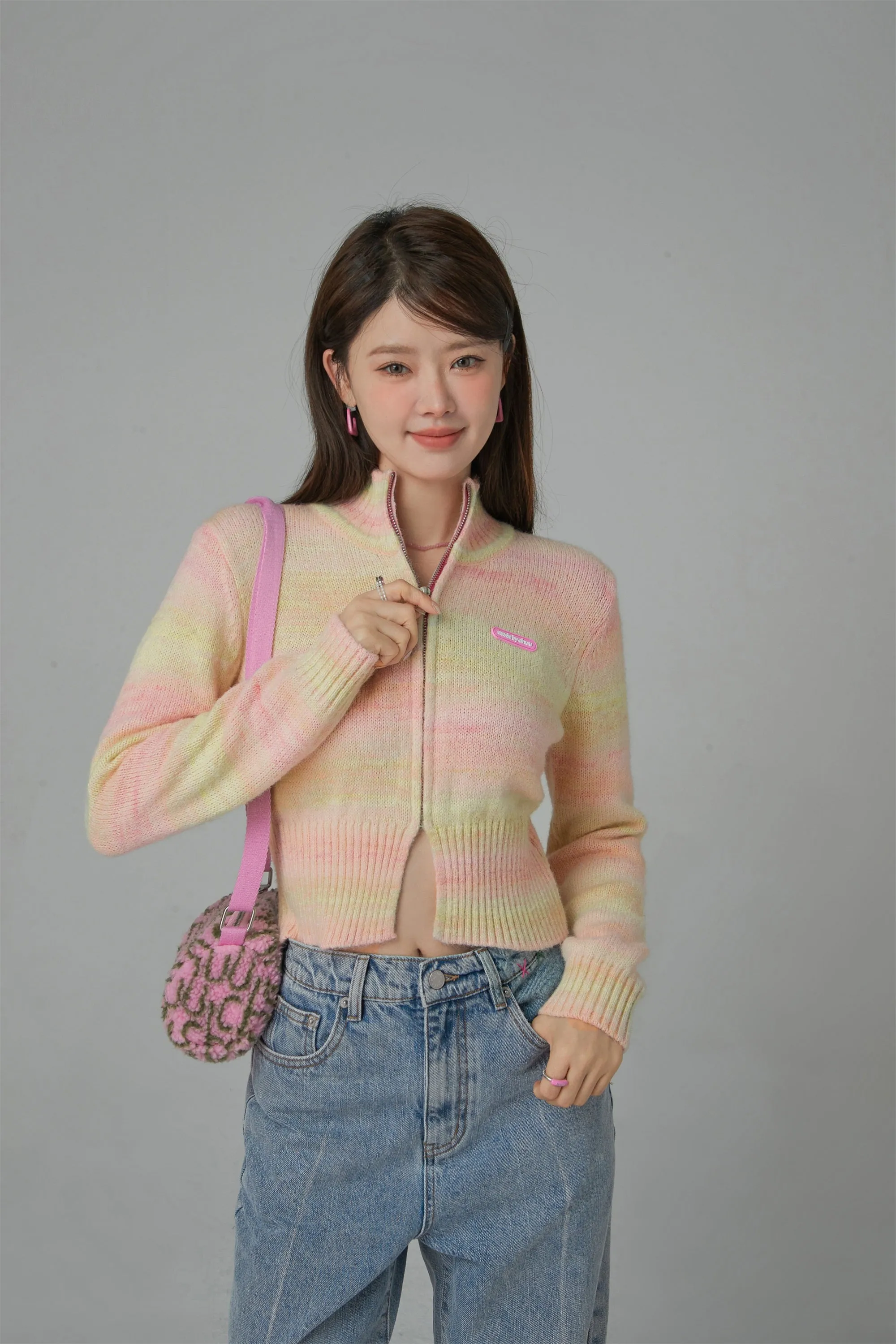 High-Neck Pastel Cropped Zip-Up Cardigan