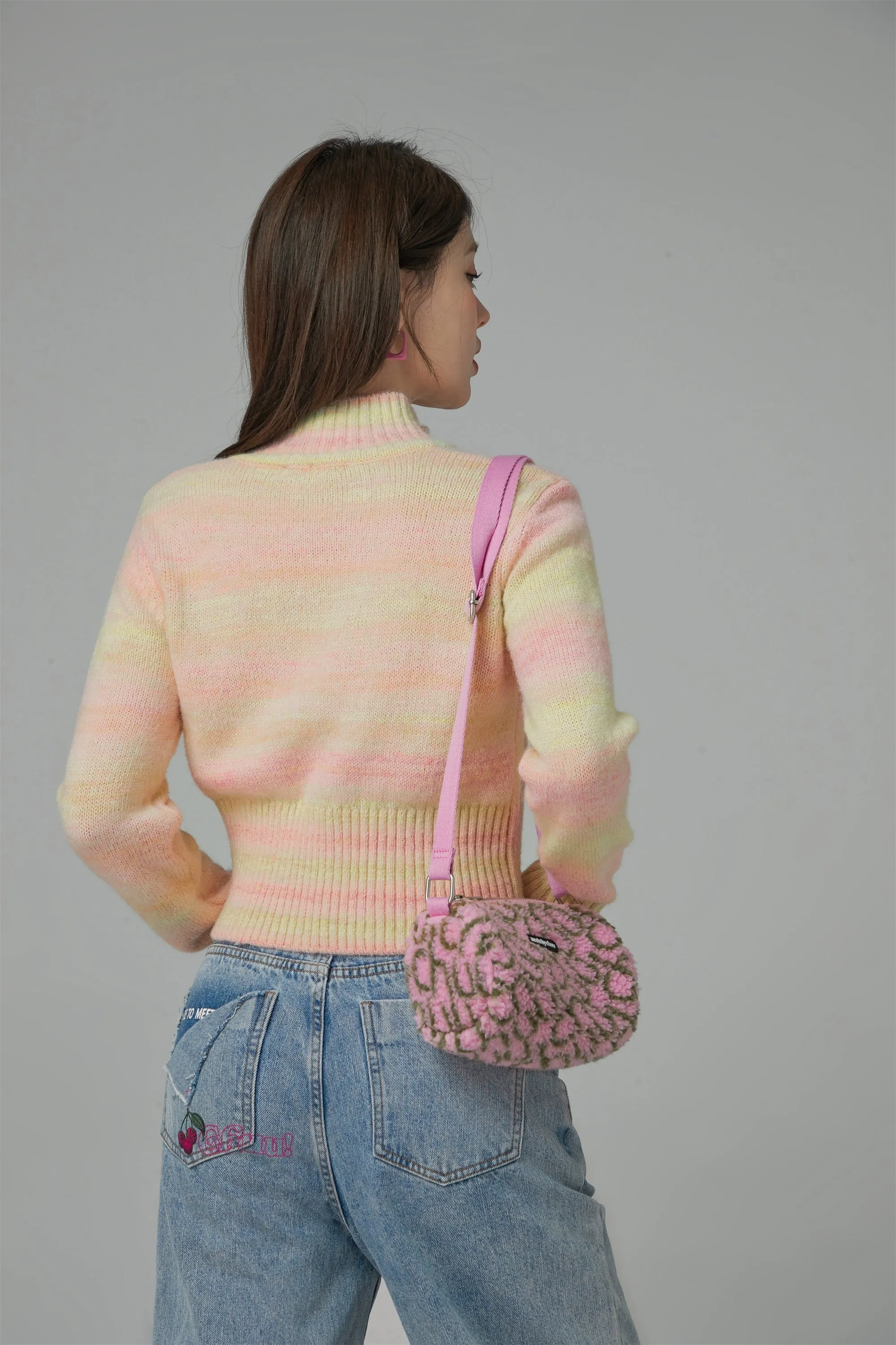 High-Neck Pastel Cropped Zip-Up Cardigan