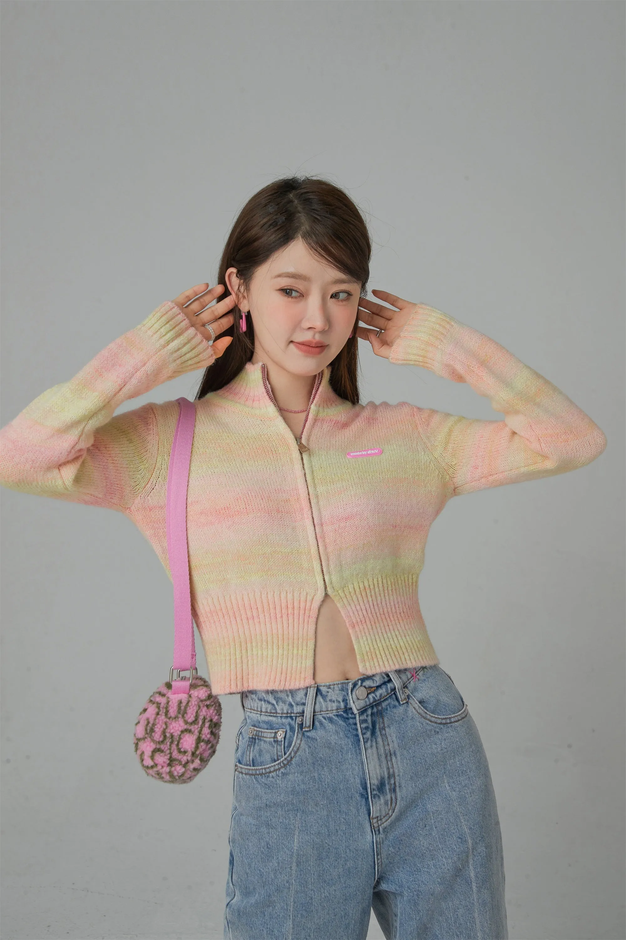 High-Neck Pastel Cropped Zip-Up Cardigan