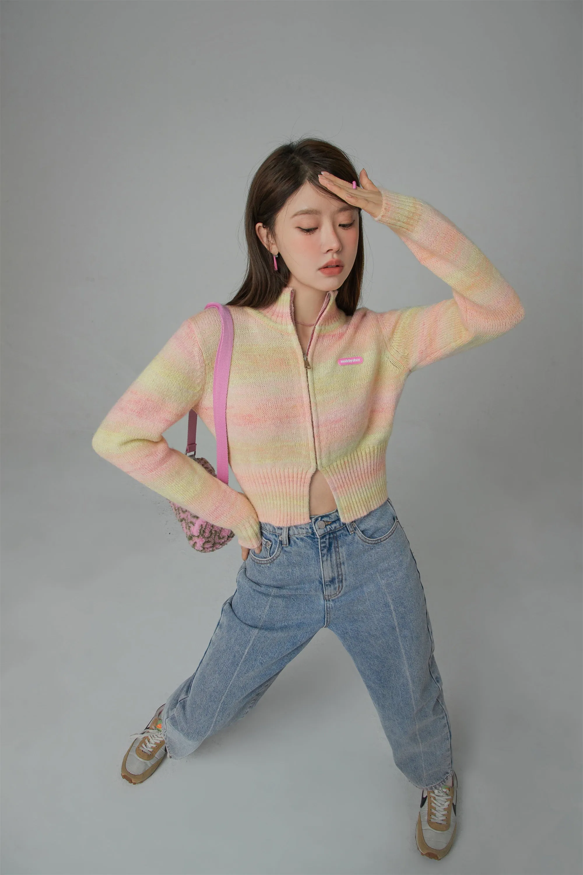 High-Neck Pastel Cropped Zip-Up Cardigan