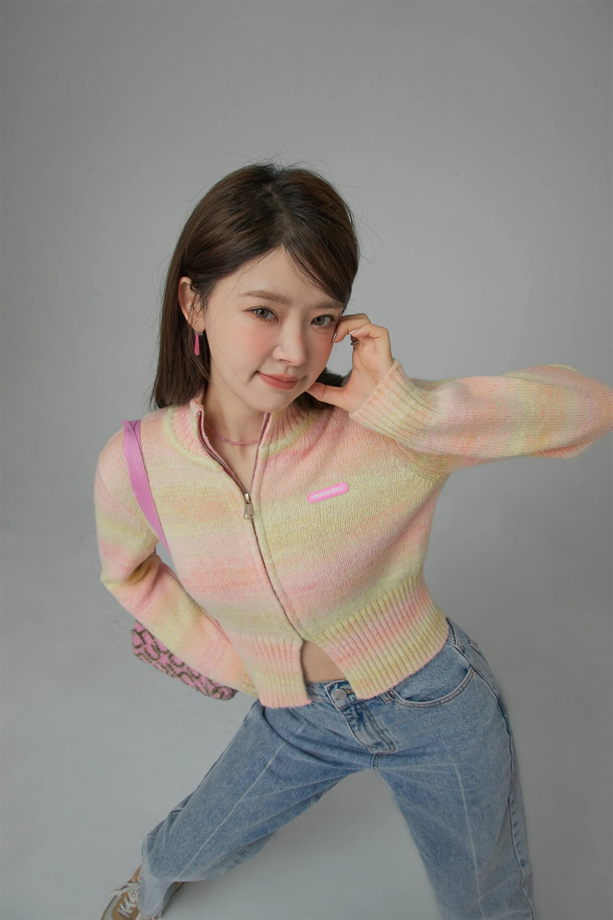 High-Neck Pastel Cropped Zip-Up Cardigan