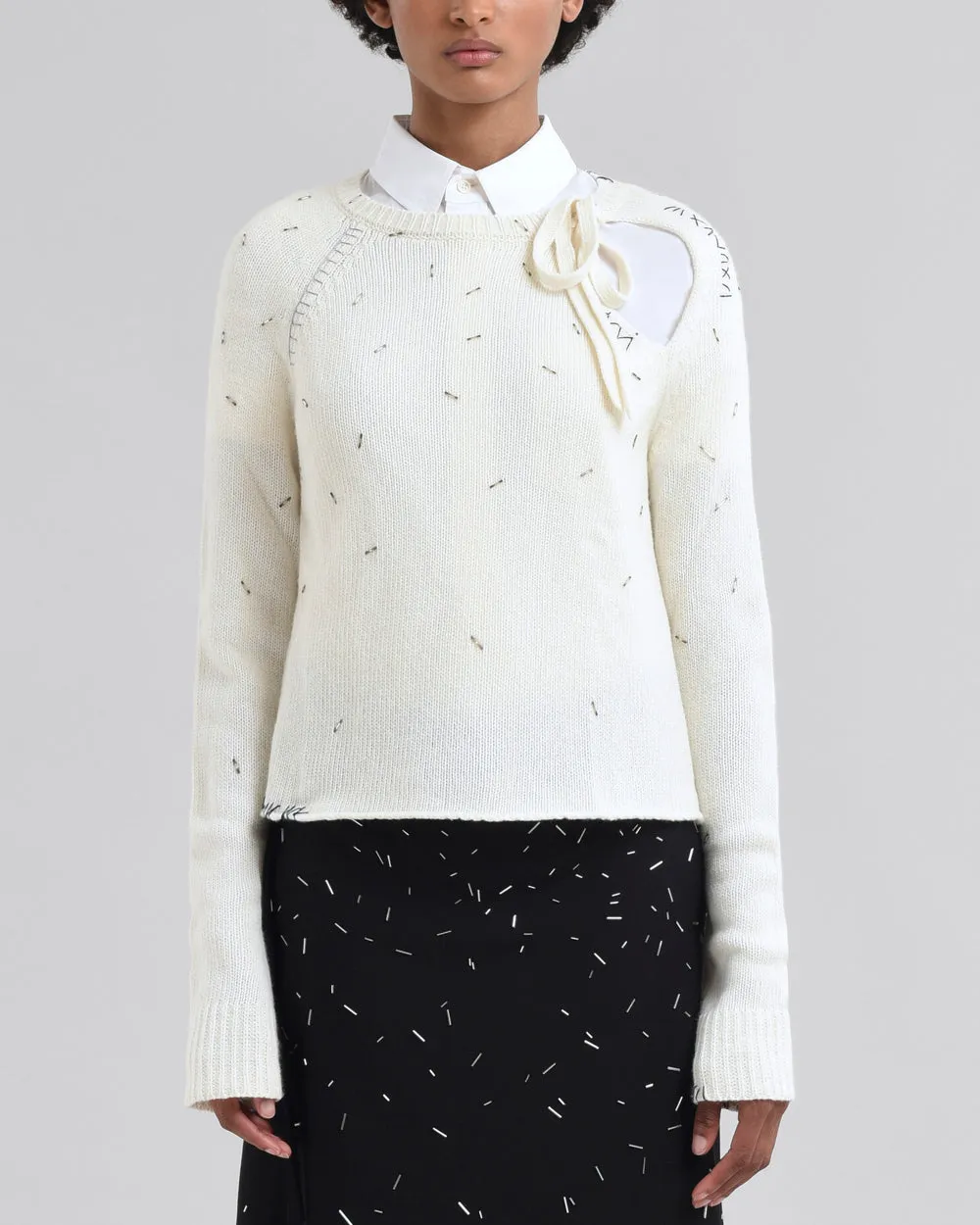 Ivory Embellished Tie Neck Sweater