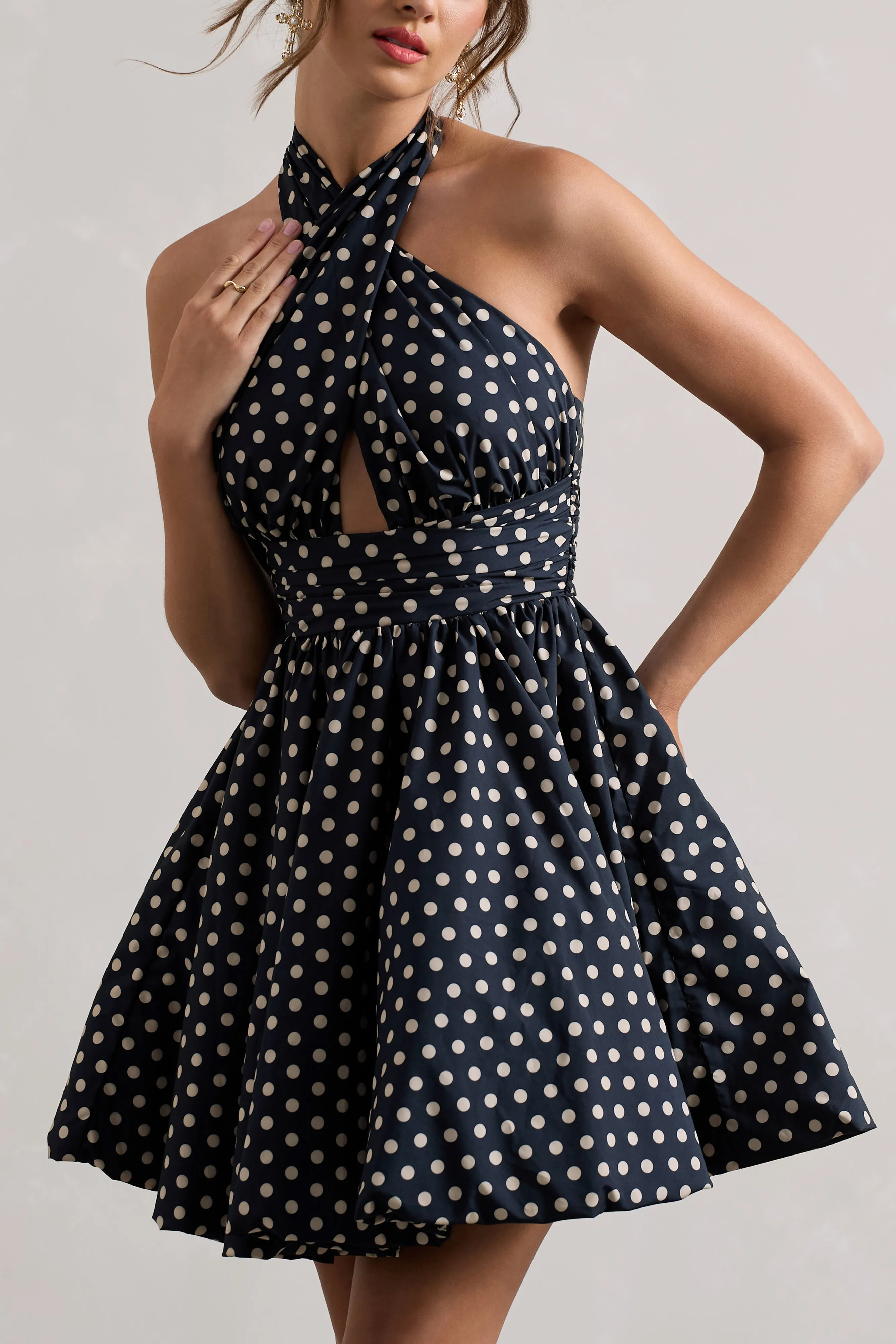 Levie | Navy Polka Dot Halter-Neck Mini Dress