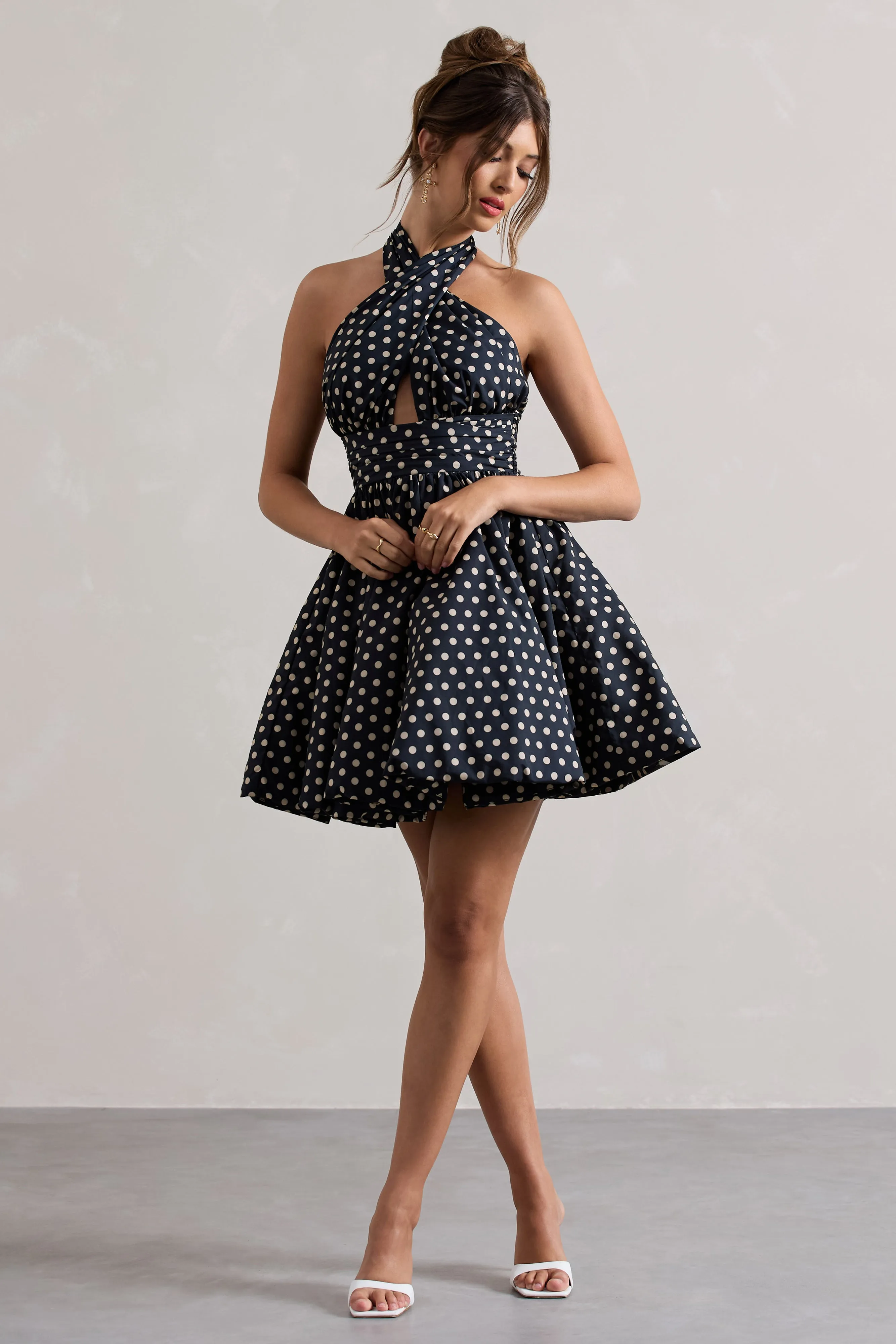 Levie | Navy Polka Dot Halter-Neck Mini Dress