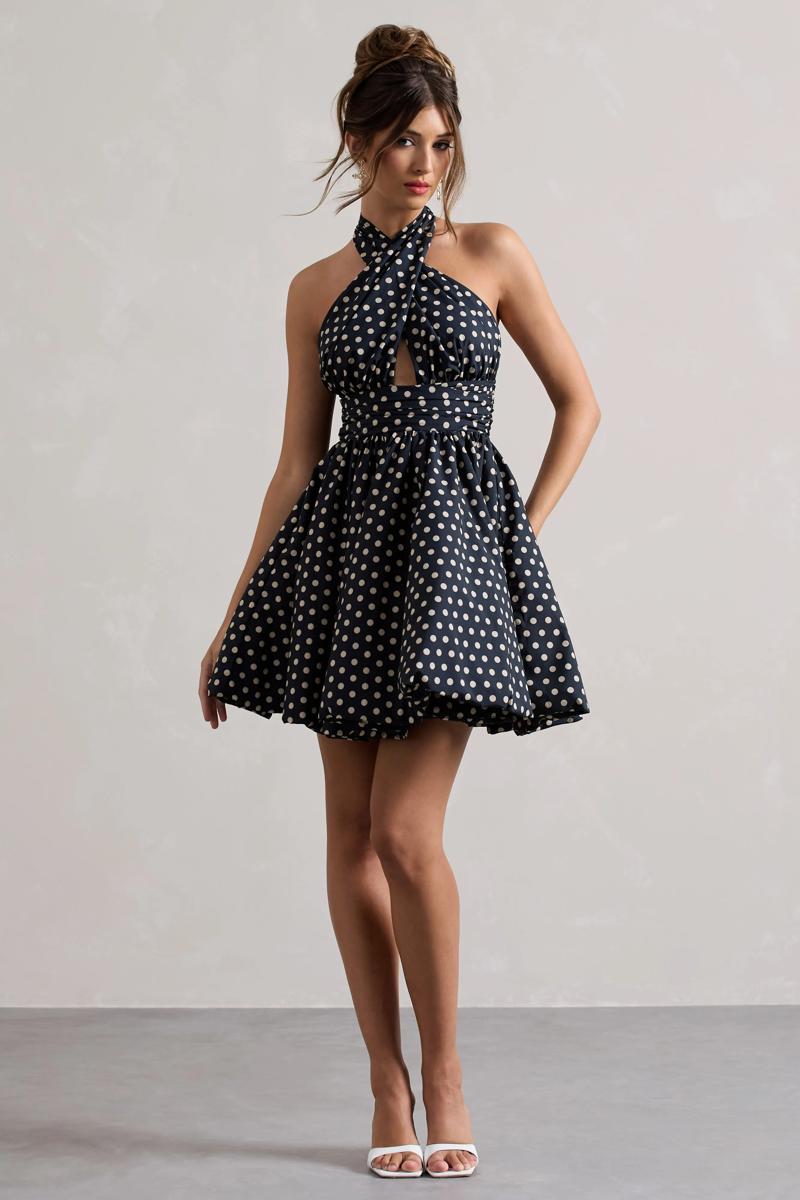 Levie | Navy Polka Dot Halter-Neck Mini Dress