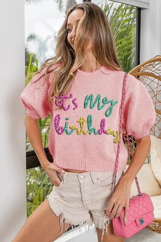 Metallic Letter "It's My Birthday" Puff Sleeve Fuzzy Sweater