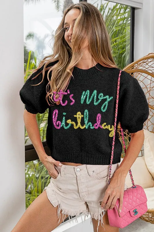 Metallic Letter "It's My Birthday" Puff Sleeve Fuzzy Sweater