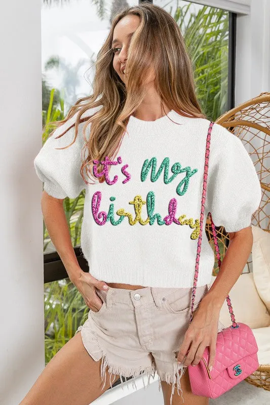 Metallic Letter "It's My Birthday" Puff Sleeve Fuzzy Sweater