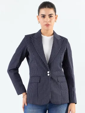 Navy Blue Polyester Striped Structured Notched Lapel Blazer