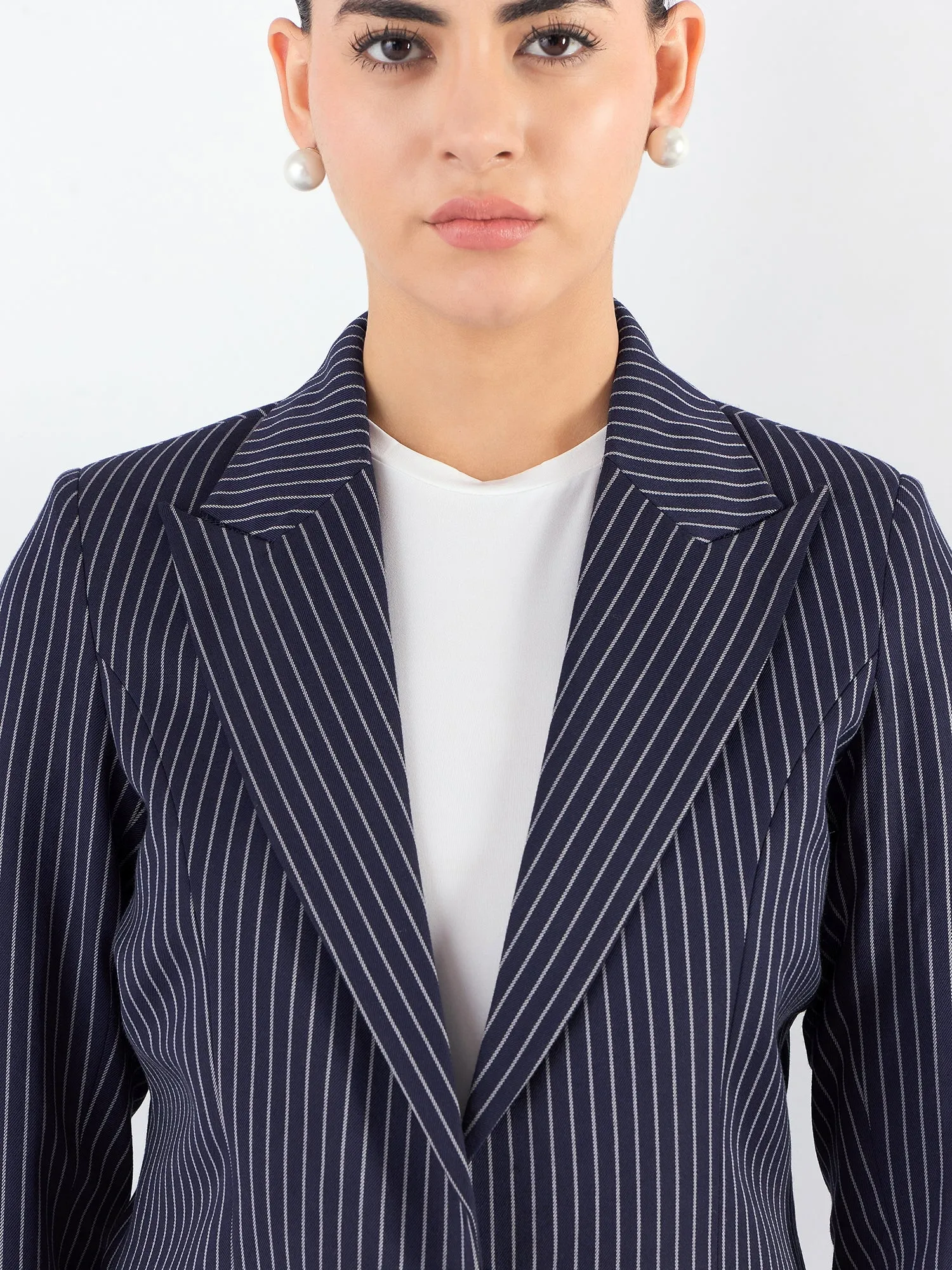 Navy Blue Polyester Striped Structured Notched Lapel Blazer