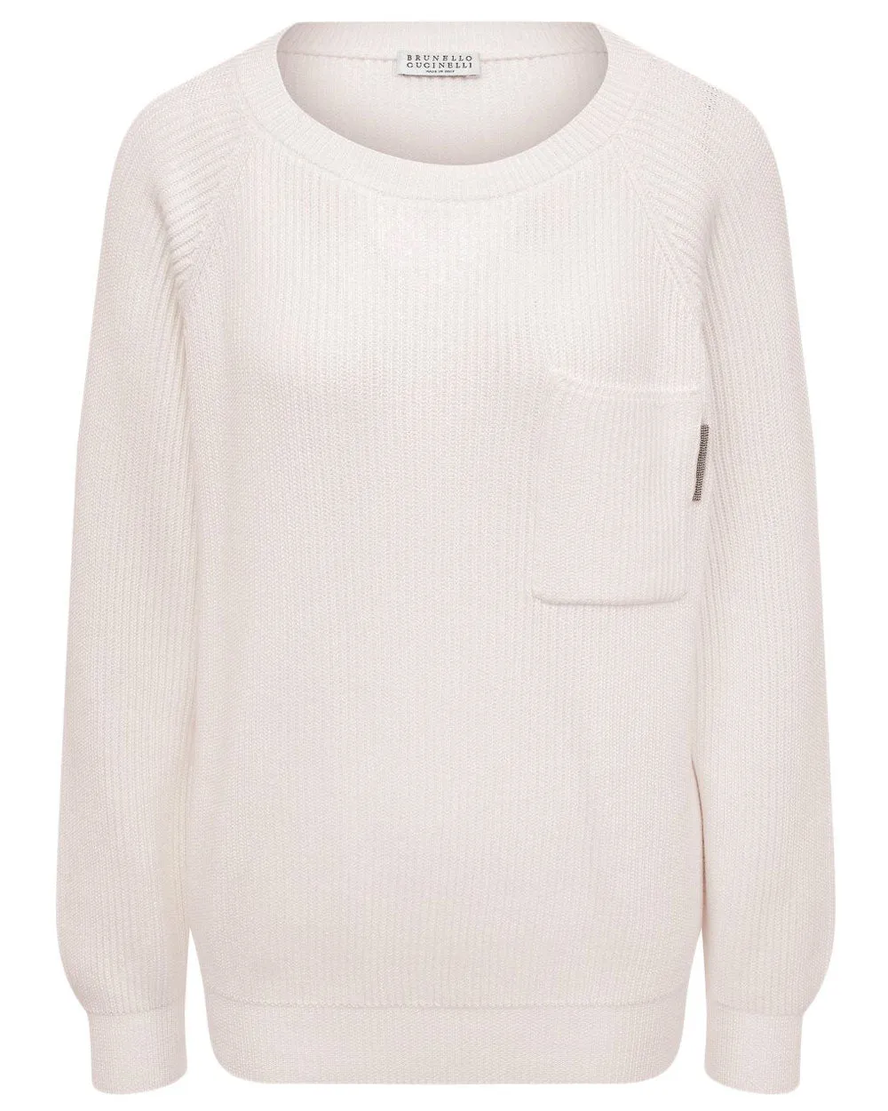 Oat Ribbed Cotton Monili Tab Pocket Sweater