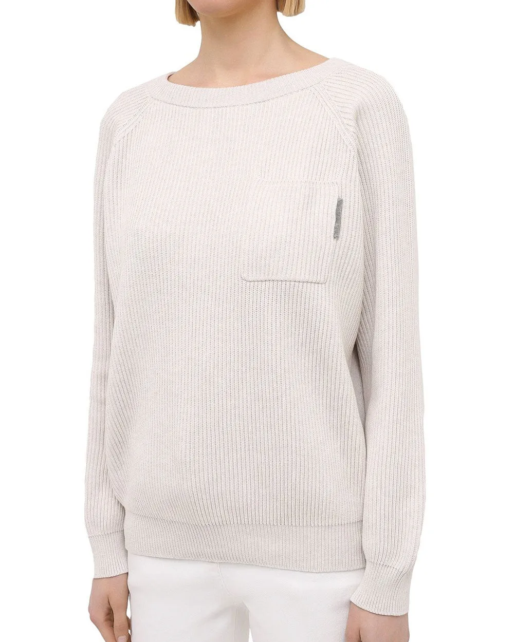 Oat Ribbed Cotton Monili Tab Pocket Sweater