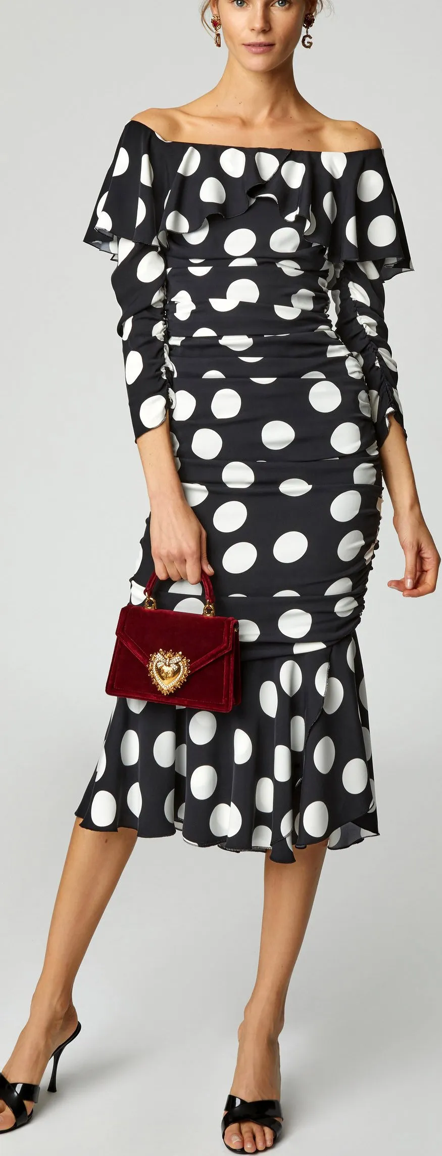 Off-The-Shoulder Polka-Dot Charmeuse Dress