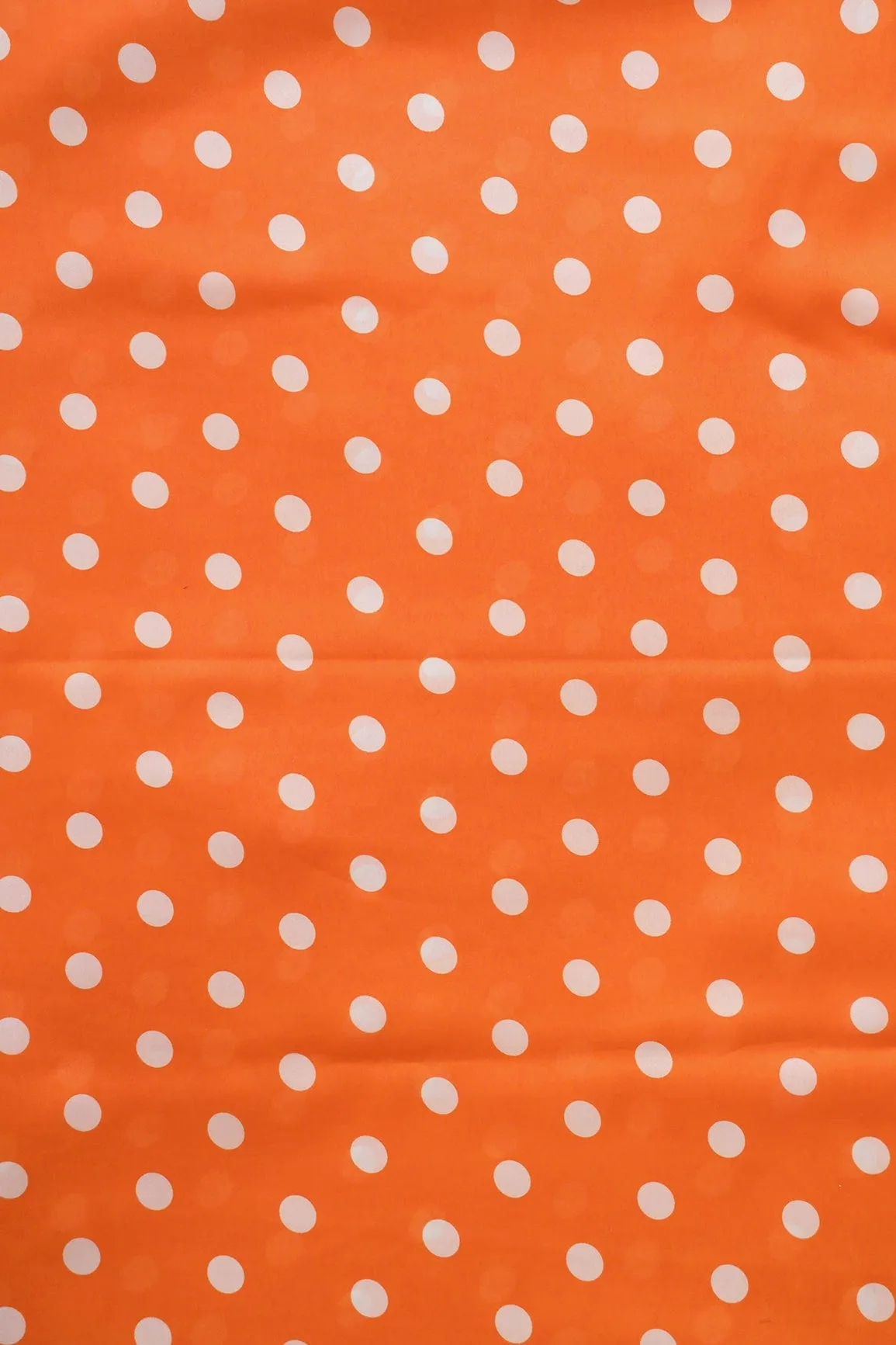 Orange And White Polka Dots Pattern Digital Print On Georgette Satin Fabric