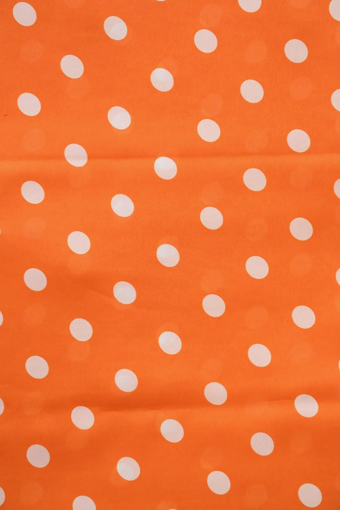 Orange And White Polka Dots Pattern Digital Print On Georgette Satin Fabric