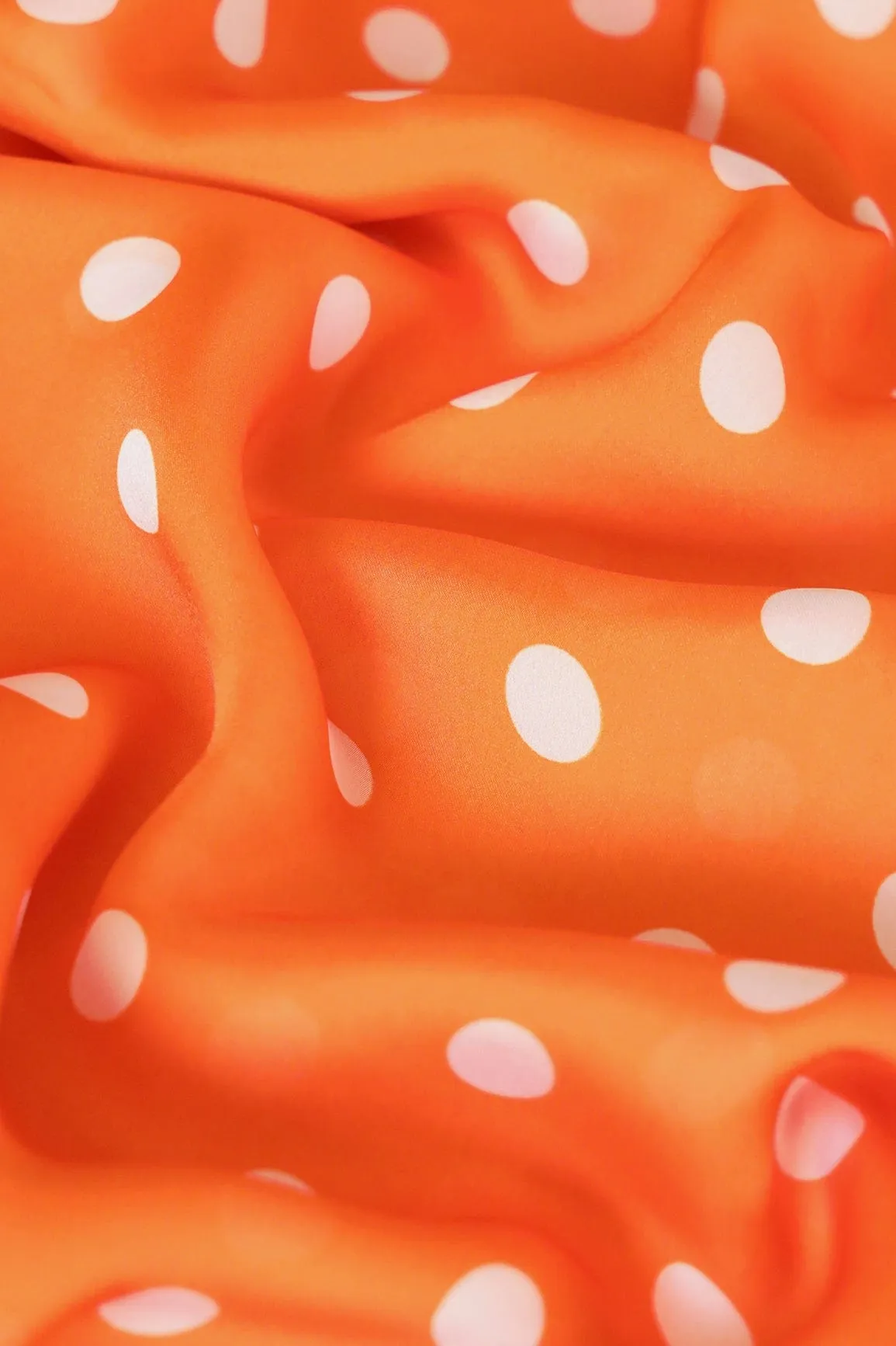 Orange And White Polka Dots Pattern Digital Print On Georgette Satin Fabric