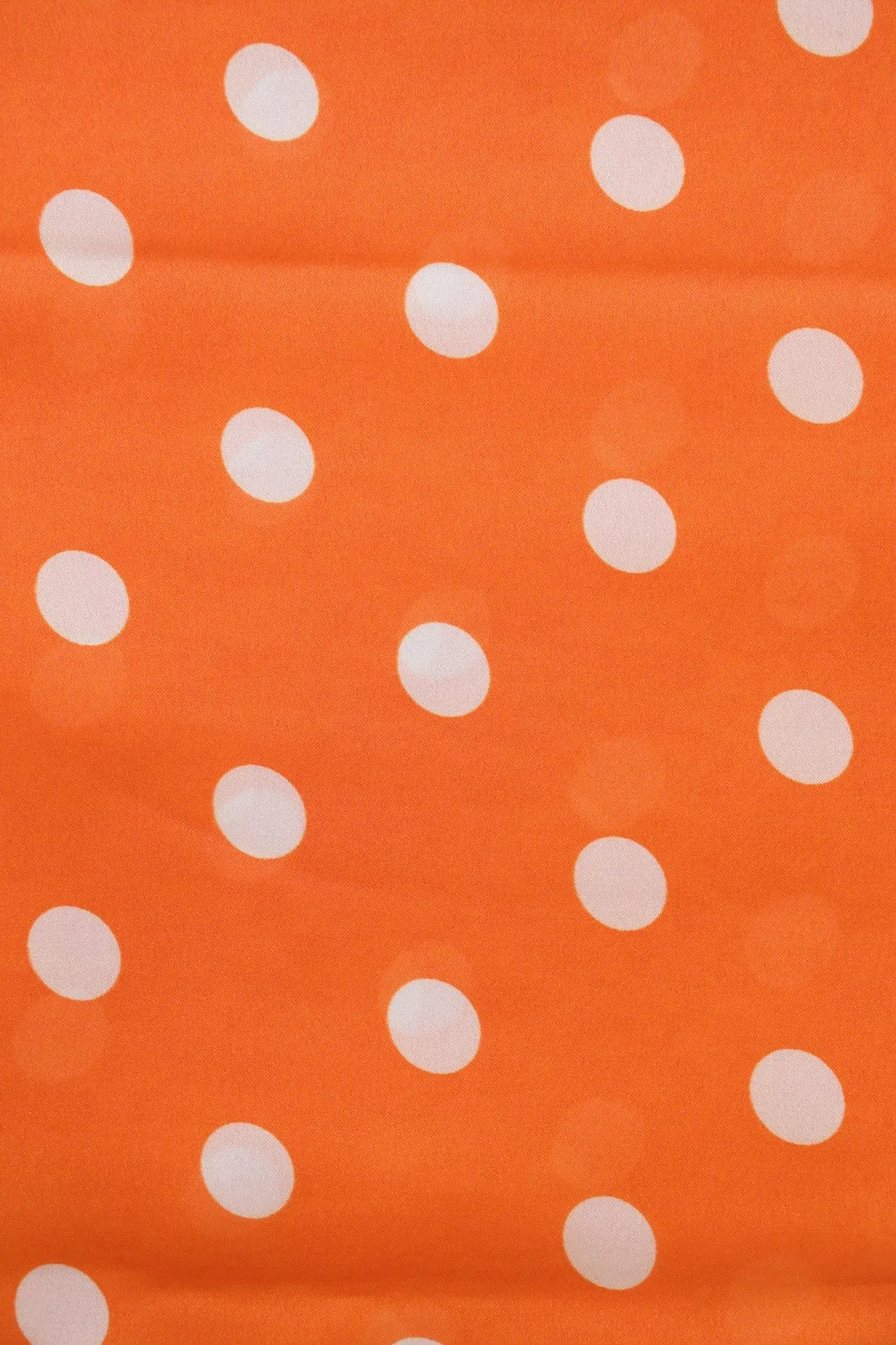 Orange And White Polka Dots Pattern Digital Print On Georgette Satin Fabric