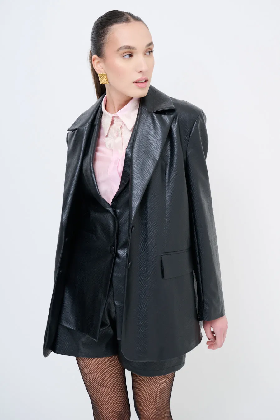 Oversized faux leather blazer with structured design wholesale