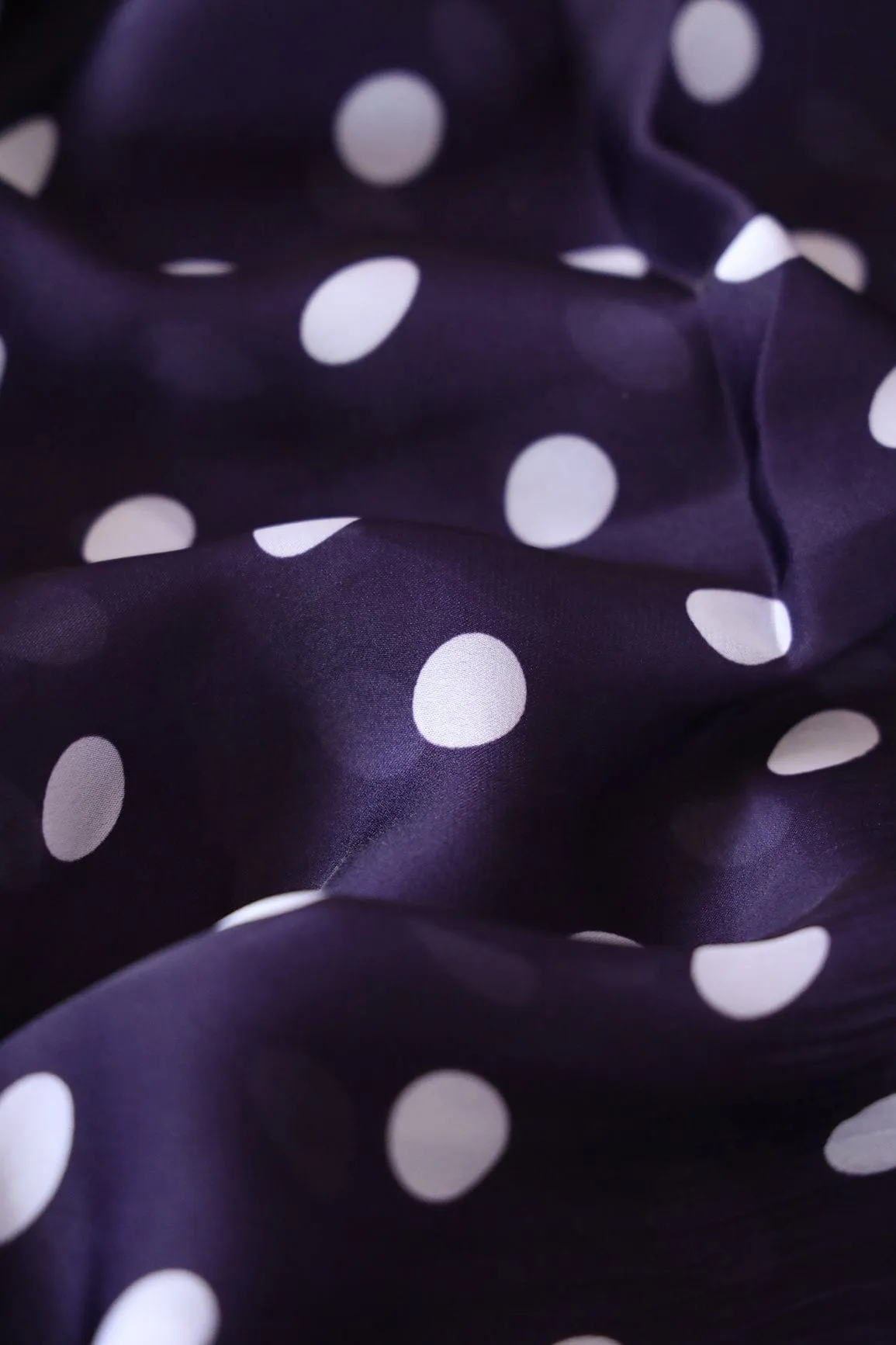 Plum Purple And White Polka Dots Pattern Digital Print On Georgette Satin Fabric