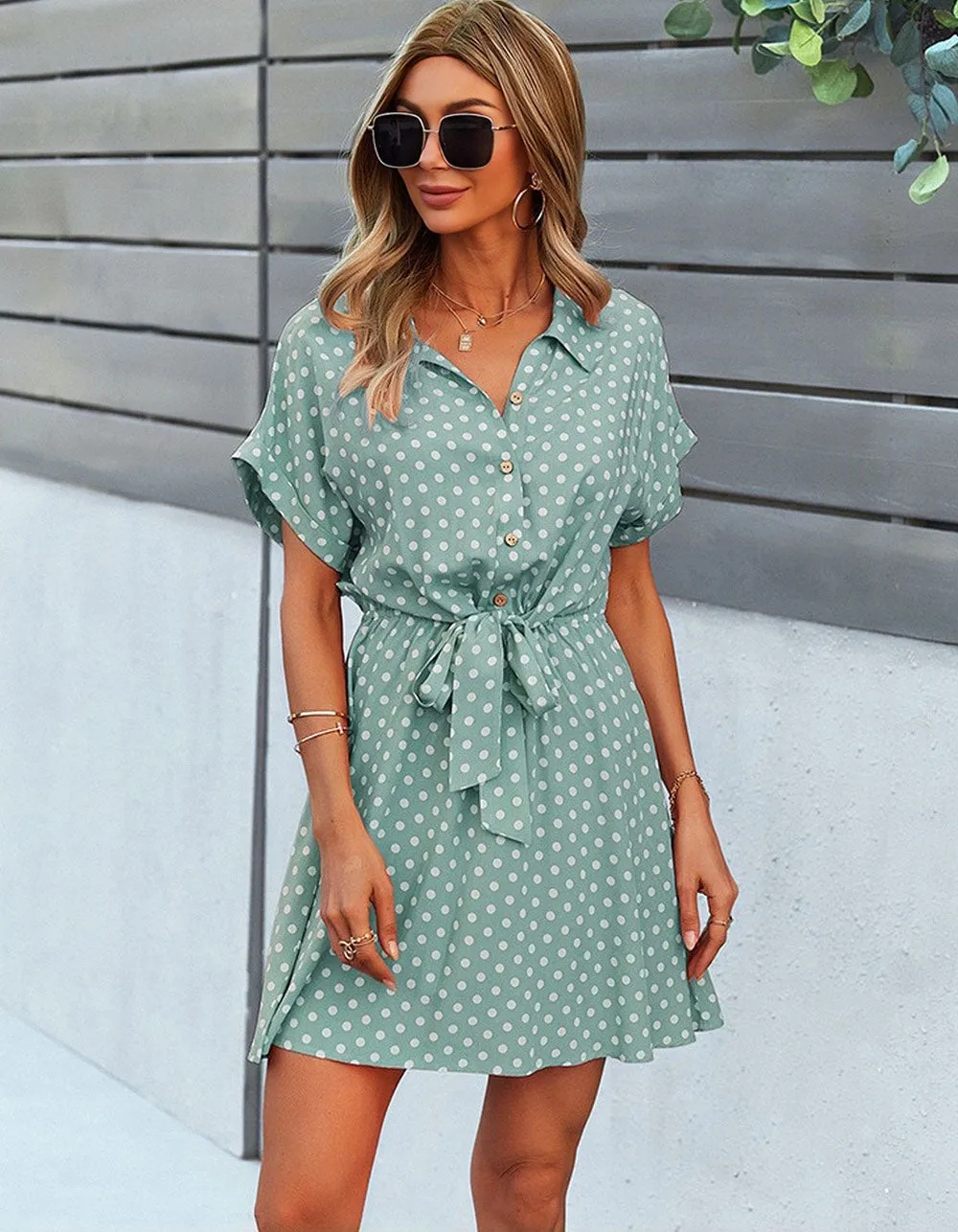 Polka Dot Print Lapel Belted Short Sleeve Short A-Line Dresses