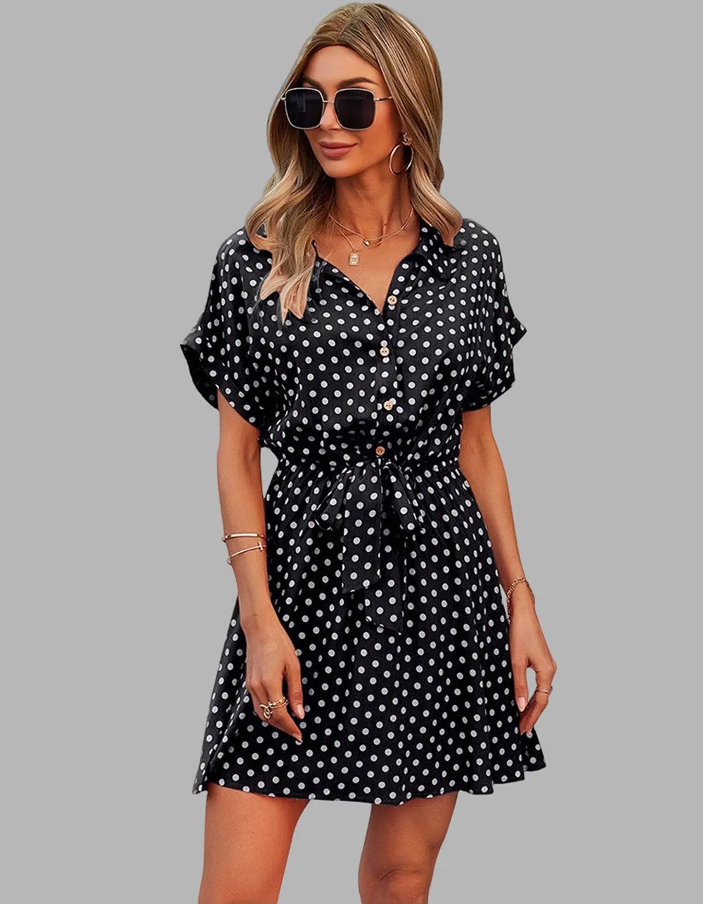 Polka Dot Print Lapel Belted Short Sleeve Short A-Line Dresses