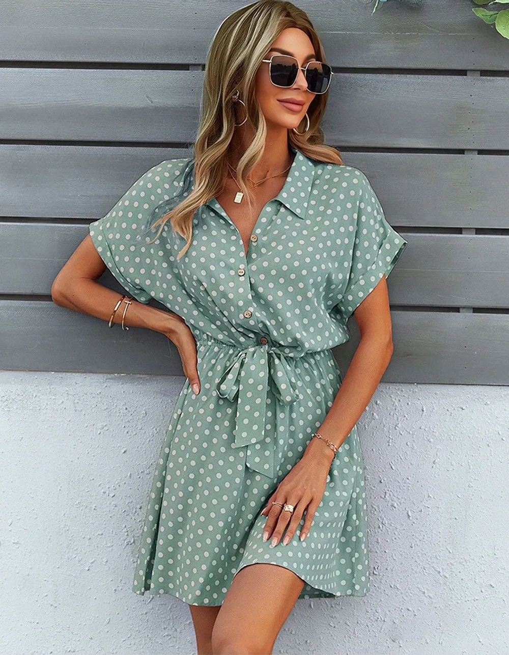 Polka Dot Print Lapel Belted Short Sleeve Short A-Line Dresses