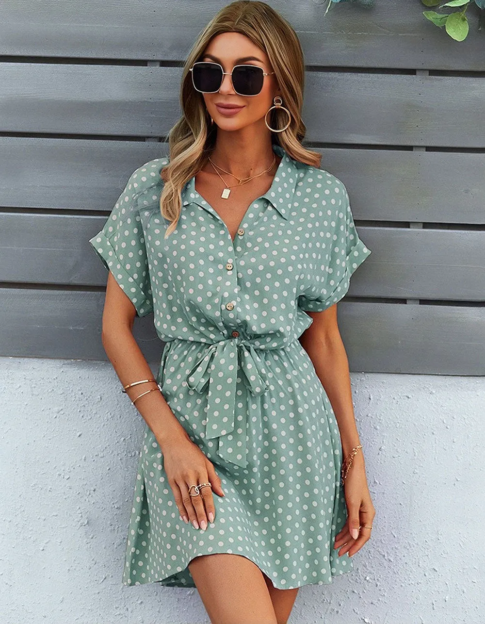 Polka Dot Print Lapel Belted Short Sleeve Short A-Line Dresses