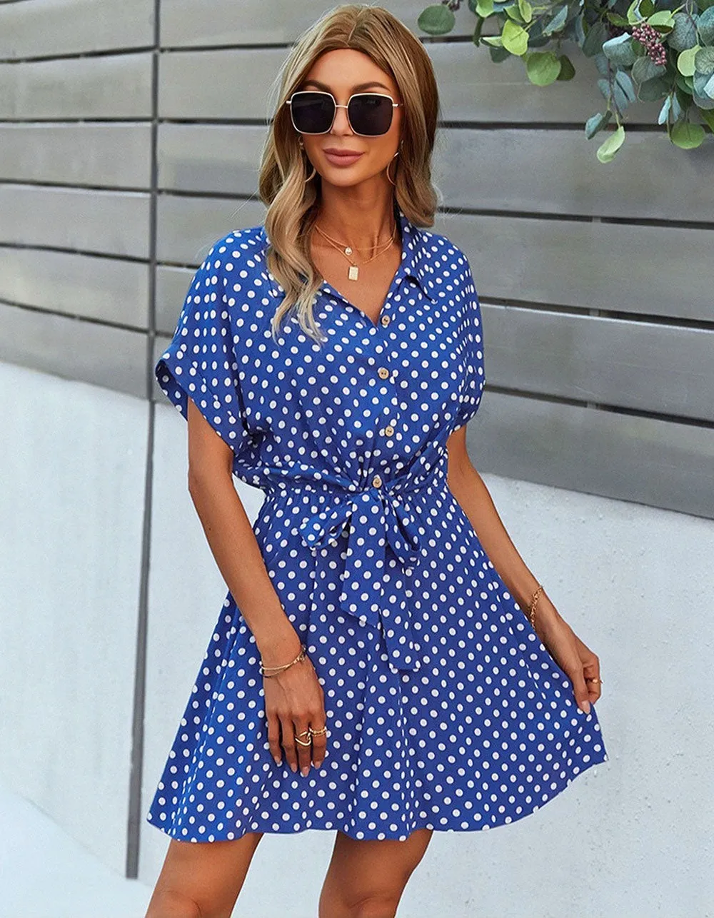 Polka Dot Print Lapel Belted Short Sleeve Short A-Line Dresses