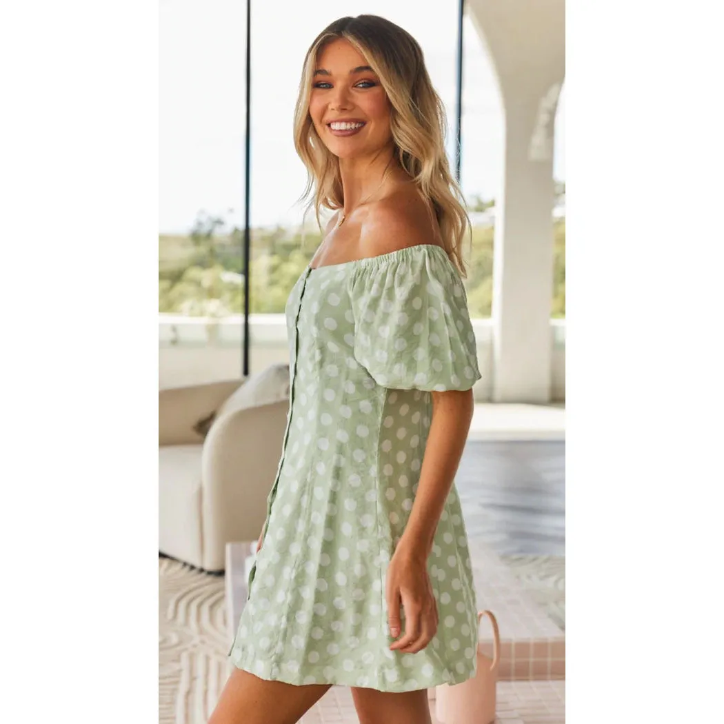 Polka Dot Print Square Neck Puff Sleeve Single-Breasted Casual A-Line Dress Vintage Wholesale Dresses