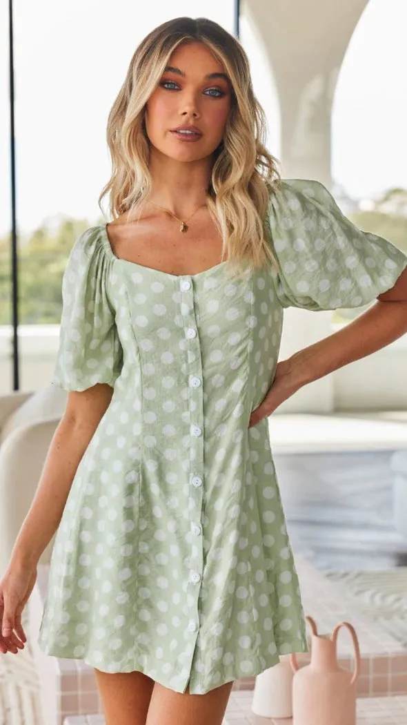 Polka Dot Print Square Neck Puff Sleeve Single-Breasted Casual A-Line Dress Vintage Wholesale Dresses