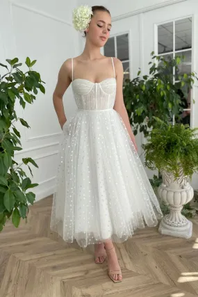 Polka Dot Tulle Corset Tea Length Wedding Dress