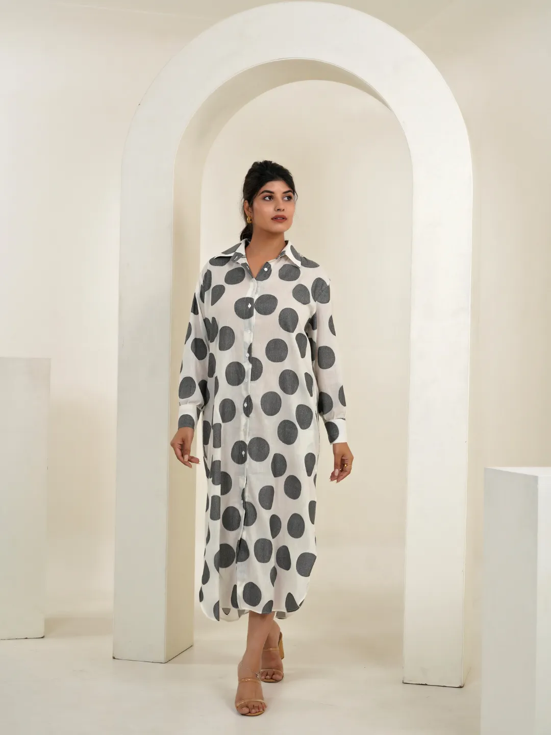 Polka Jamdani White & Black Cotton Maxi Shirt Dress