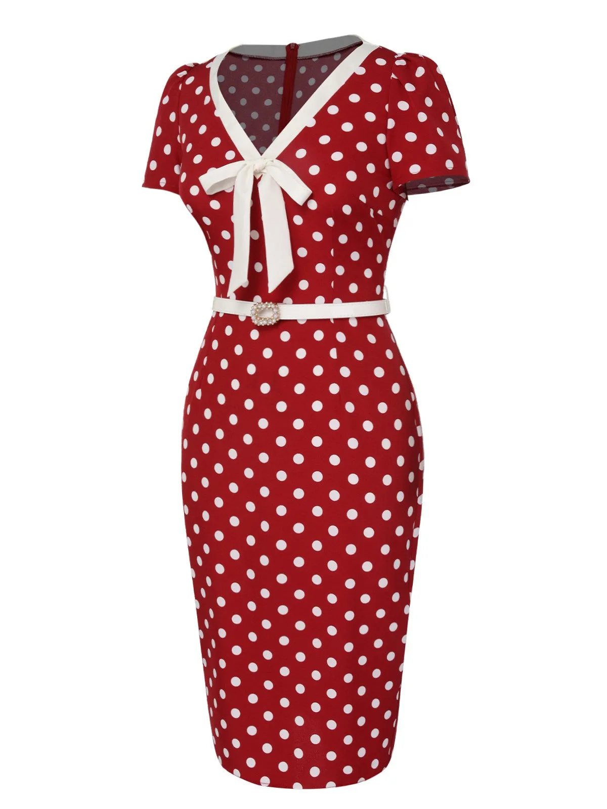 Red 1960s Polka Dots Tie Neck Dress